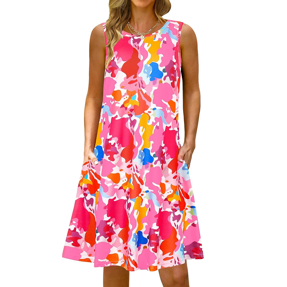 S-5Xl Colorful Printed O Neck Long Dress Casual Bohemian Sleeveless Ladies Summer Beach Sundress Travel Pocket Shirt Party Gowns