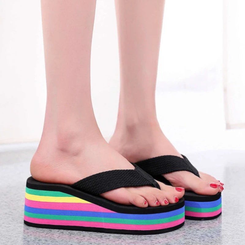 Women's Rainbow Color Platform Flip Flops Summer Thick Sole Lightweight Slip-on Wedges Sandals Girls Beach Slippers