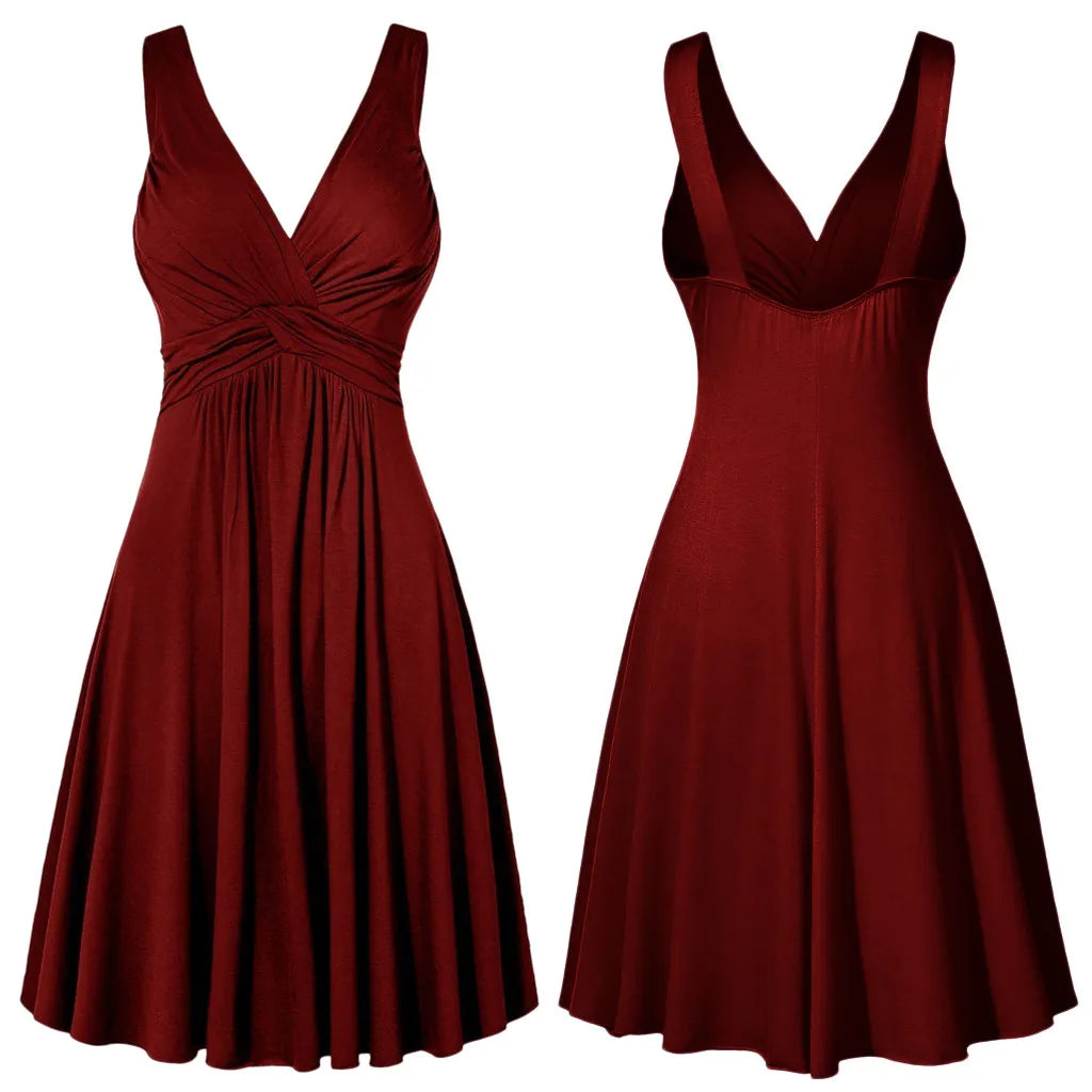 Plus Size Sling Pleated Slim Flare Skirt Dresses Women V-neck Cocktail Party Dress Gown Retro Vestidos de fiesta Female Sundress
