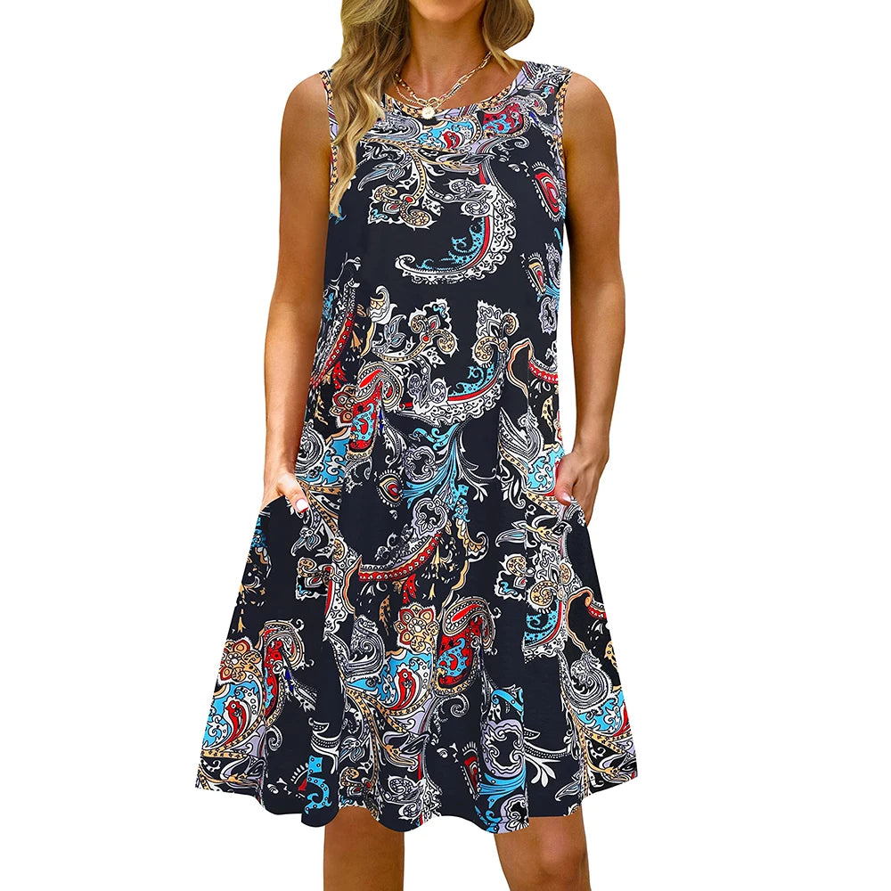 S-5Xl Colorful Printed O Neck Long Dress Casual Bohemian Sleeveless Ladies Summer Beach Sundress Travel Pocket Shirt Party Gowns