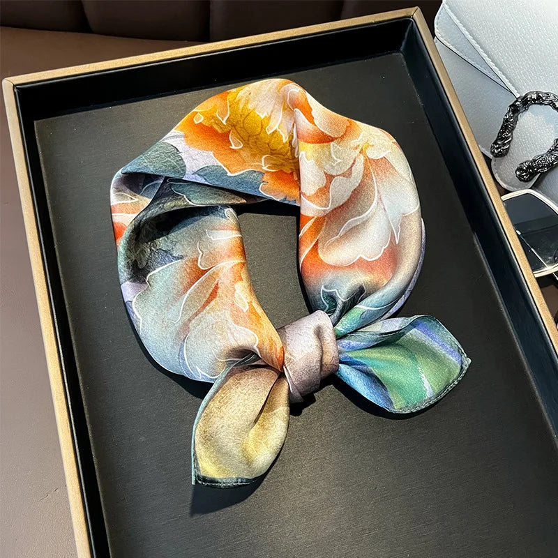 Hot Sale 2025 Brand 100% Silk Scarf Women Neck Hair Foulard Square Headband Hijab Print Poncho Scarves Bandana Fashion 53cm