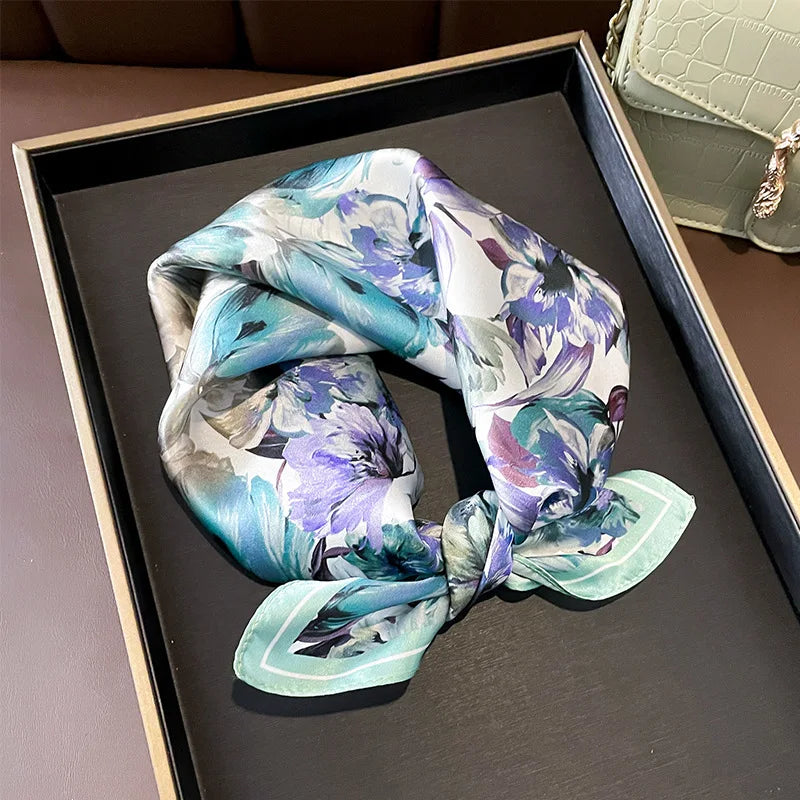 Hot Sale 2025 Brand 100% Silk Scarf Women Neck Hair Foulard Square Headband Hijab Print Poncho Scarves Bandana Fashion 53cm