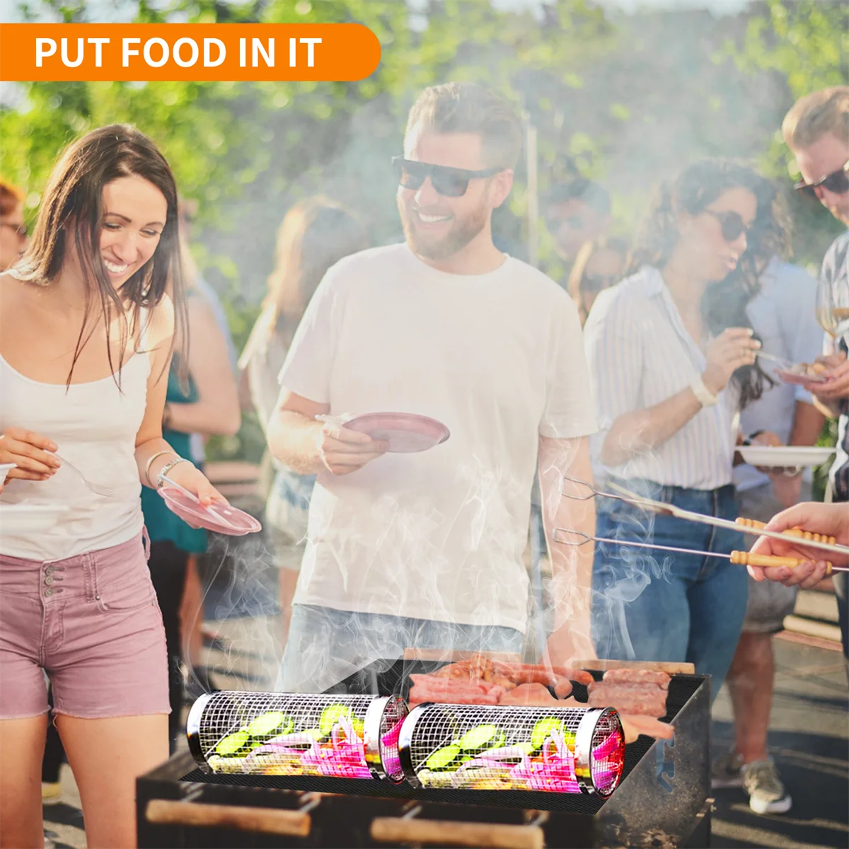 BBQ Basket Stainless Steel Rolling Grilling Basket Wire Mesh Cylinder Grill Basket Portable Round Outdoor Camping Barbecue Rack