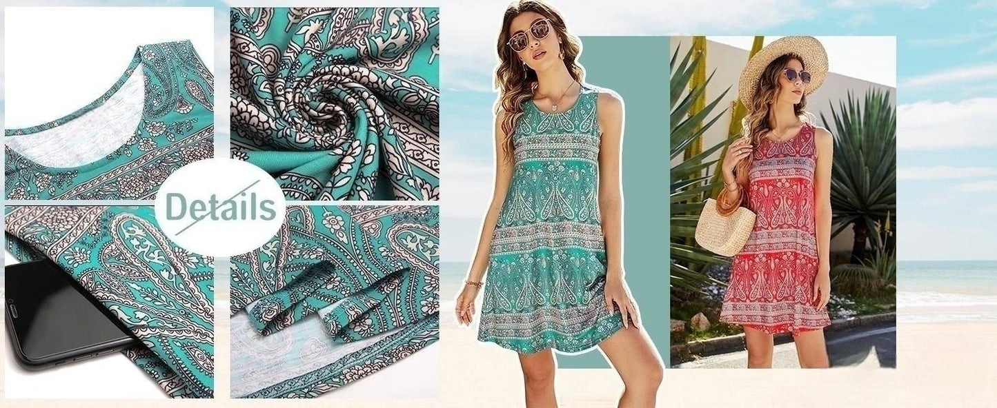 S-5Xl Colorful Printed O Neck Long Dress Casual Bohemian Sleeveless Ladies Summer Beach Sundress Travel Pocket Shirt Party Gowns