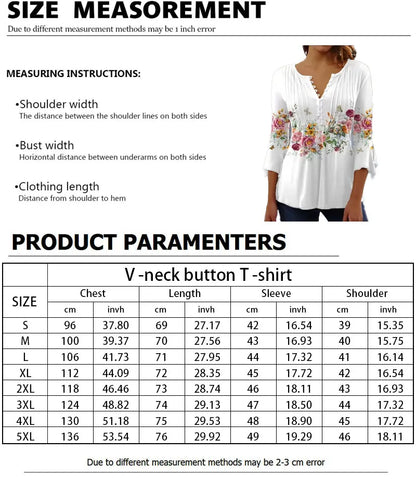 New Fashion Women's T-Shirt Tee White Floral Button Short Sleeve Summer 3D Printed Basic V-Neck Loose Casua Size Top Clothing