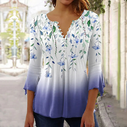 New Fashion Women's T-Shirt Tee White Floral Button Short Sleeve Summer 3D Printed Basic V-Neck Loose Casua Size Top Clothing
