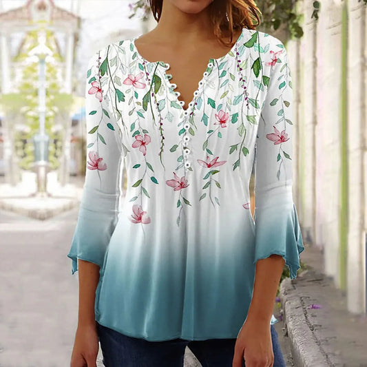New Fashion Women's T-Shirt Tee White Floral Button Short Sleeve Summer 3D Printed Basic V-Neck Loose Casua Size Top Clothing