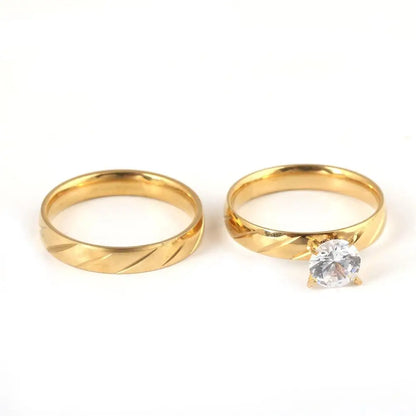 Stainless Steel Gold Color Luxury Bridal Wedding Ring Set Fashion Promise Stone Engagement Jewelry For Women