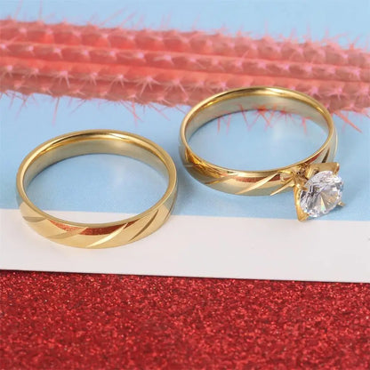Stainless Steel Gold Color Luxury Bridal Wedding Ring Set Fashion Promise Stone Engagement Jewelry For Women