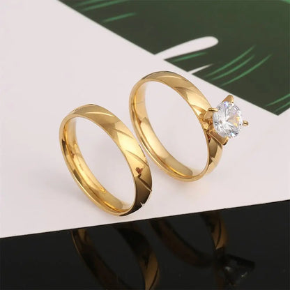 Stainless Steel Gold Color Luxury Bridal Wedding Ring Set Fashion Promise Stone Engagement Jewelry For Women