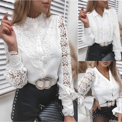 Shirts Elegant Office Ladies White Collared Lace Patchwork Hollow Out Button Up Womens Tops And Blouses 2025 Fashion New Blouse