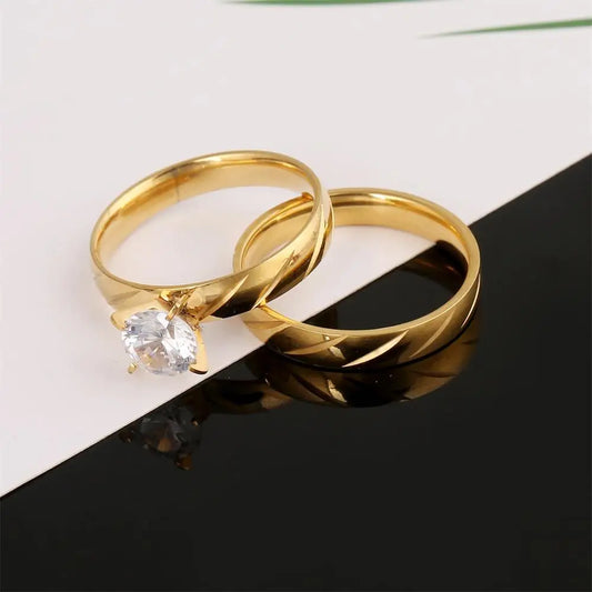 Stainless Steel Gold Color Luxury Bridal Wedding Ring Set Fashion Promise Stone Engagement Jewelry For Women