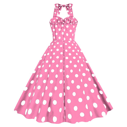 Pink Elegant Fashion Notched Ladies Office Dress 2024 Robe Pinup Polka Dot Print Vintage Sleeveless Summer Dresses for Women