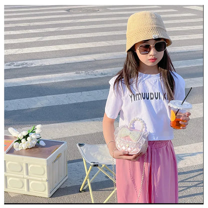 Sweet Cute Bow Children's Shoulder Bag Pearl Handle Baby Girls Small Crossbody Bags Lovely Princess Accessories Purse Handbags