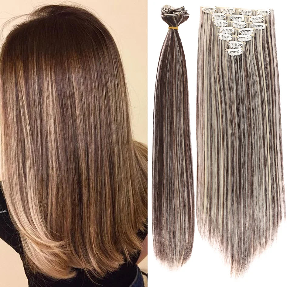 Synthetic 7 pieces/set, 22 inch straight hair extensions, hair clip extensions, clip extensions, Christmas Halloween extensions