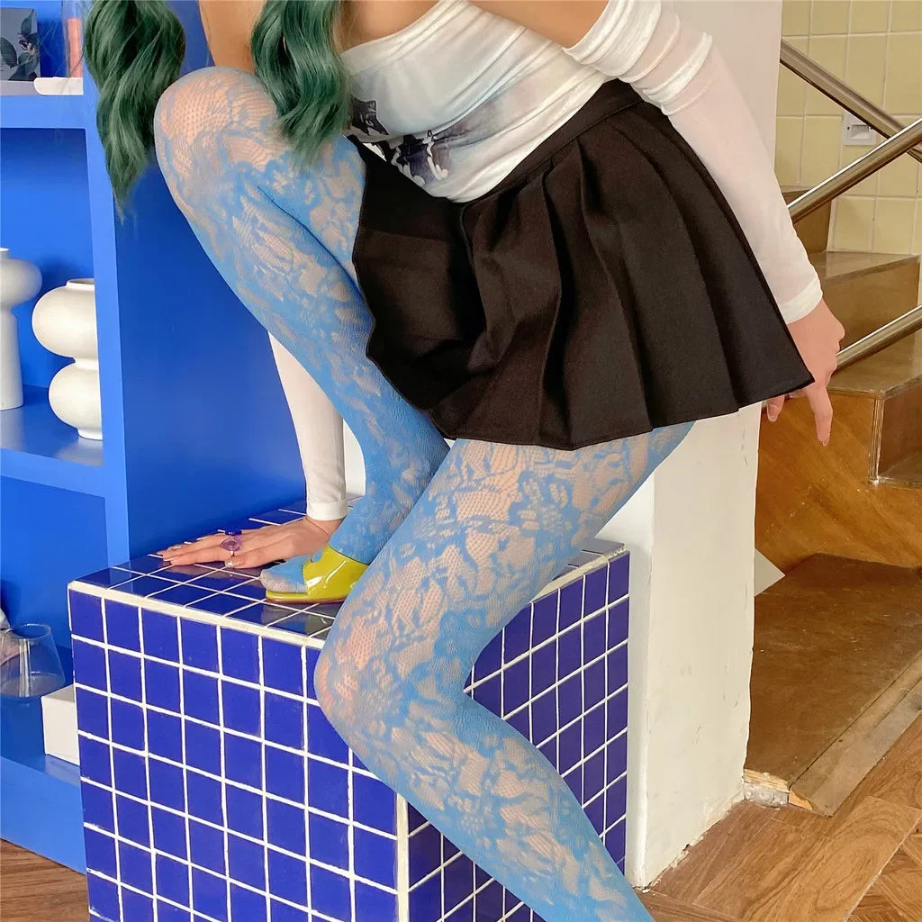 Collant sexy da donna con motivo floreale traforato in stile Y2k, a rete, in rosso vino, per ragazze hot, JK, leggings elasticizzati alti a vita bassa