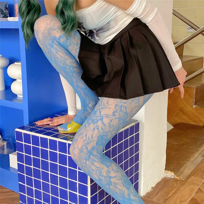 Collant sexy da donna con motivo floreale traforato in stile Y2k, a rete, in rosso vino, per ragazze hot, JK, leggings elasticizzati alti a vita bassa