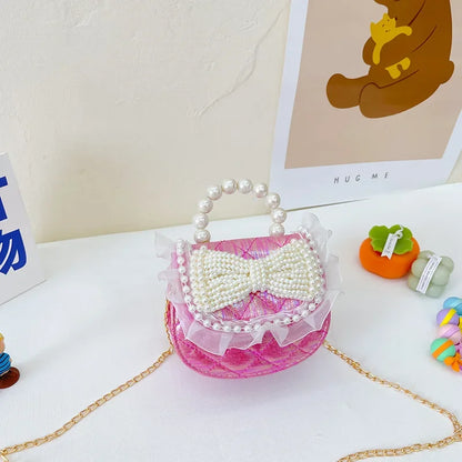 Sweet Cute Bow Children's Shoulder Bag Pearl Handle Baby Girls Small Crossbody Bags Lovely Princess Accessories Purse Handbags