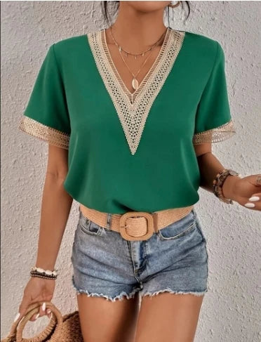 Women's Blouses Spring Summer Latest 2025 V-Neck Lace Casual Solid Color Shirt Short Sleeved T-Shirt Loose Fit Top Pullover