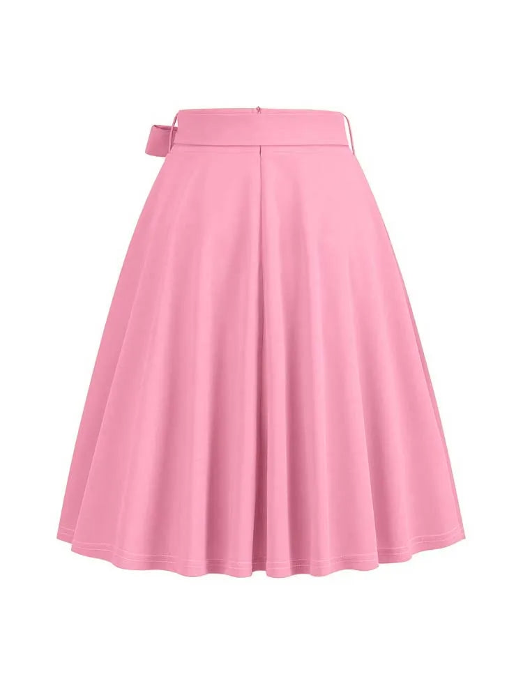 Women Summer Midi Long Skirt Solid Elegant Faldas High Waist A Line 50s Swing Skirts