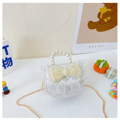 Sweet Cute Bow Children's Shoulder Bag Pearl Handle Baby Girls Small Crossbody Bags Lovely Princess Accessories Purse Handbags