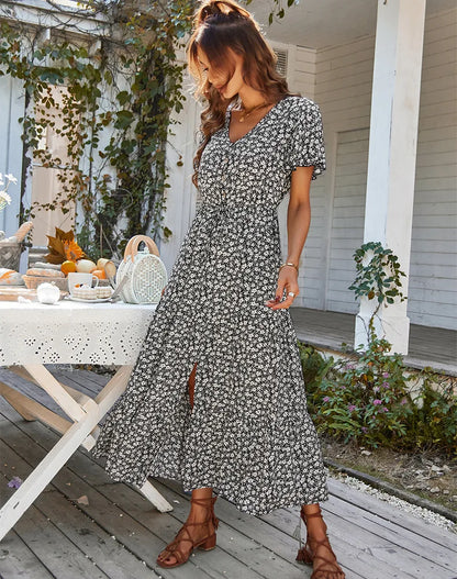 Summer hot-selling daily commuting floral dress fashionable slit skirt casual fashion loose V-neck short-sleeved skirt