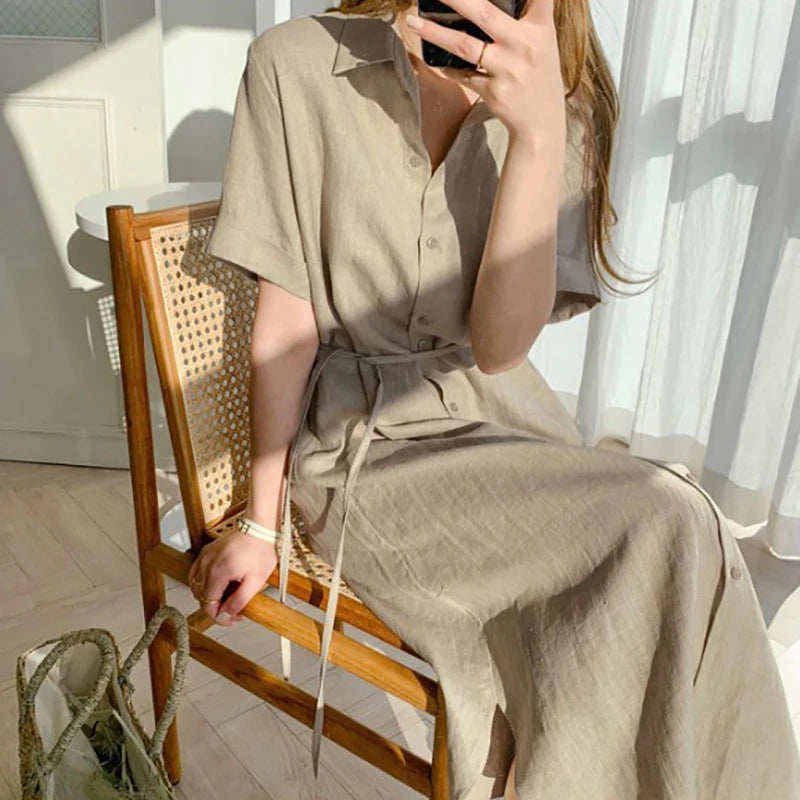 Summer Cotton and Linen Polo Neck Shirt Dress