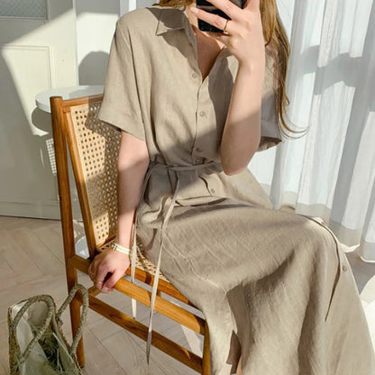 Summer Cotton and Linen Polo Neck Shirt Dress