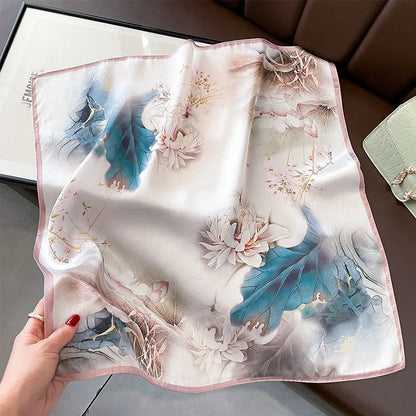 Hot Sale 2025 Brand 100% Silk Scarf Women Neck Hair Foulard Square Headband Hijab Print Poncho Scarves Bandana Fashion 53cm