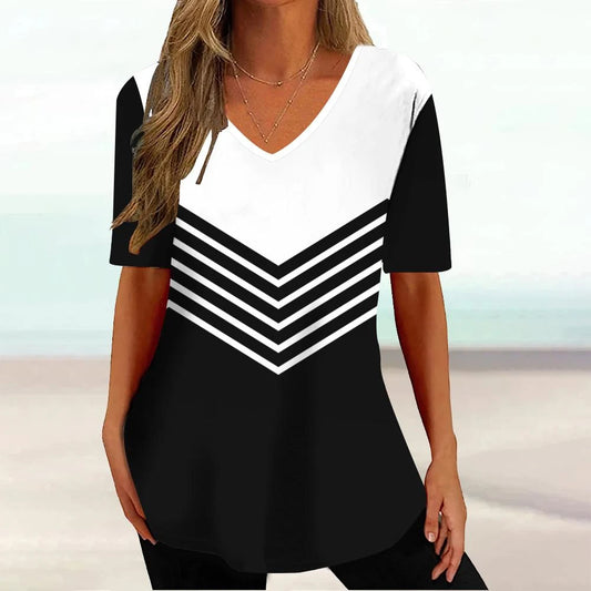 Vintage Simple Women's T-Shirt 3D Wave Curve Tee Fashion V-Neck Summer Short Sleeve Loose Streetwear Female Clothes Black Tshirt