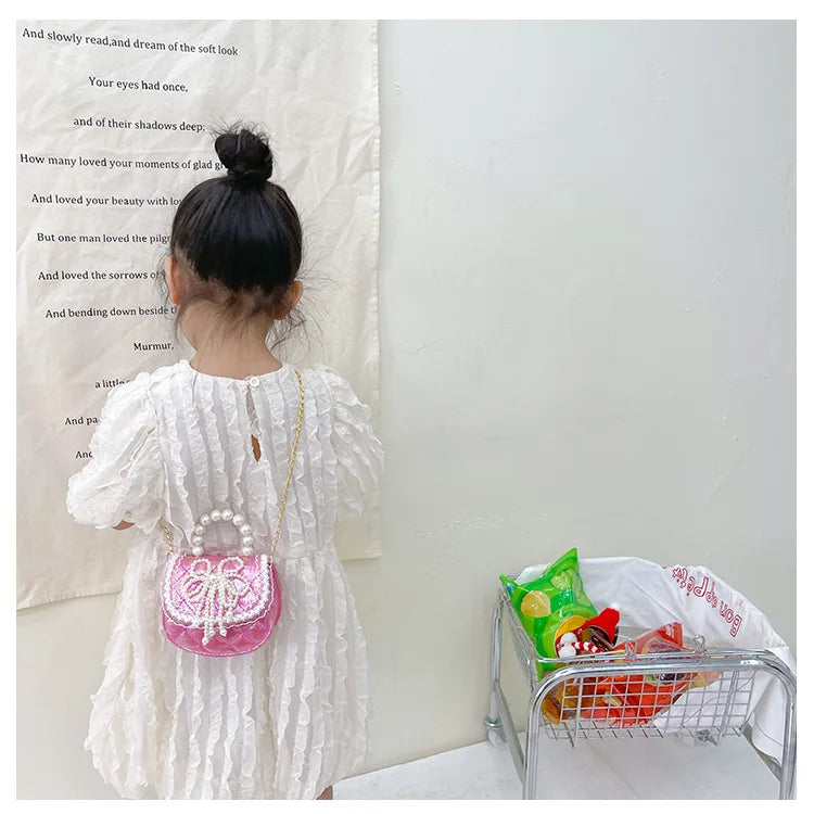 Sweet Cute Bow Children's Shoulder Bag Pearl Handle Baby Girls Small Crossbody Bags Lovely Princess Accessories Purse Handbags