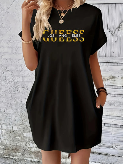 Ladies' summer loose GUEESS Los Angeles letter pattern print round neck short sleeved pocket comfortable casual plus size dress