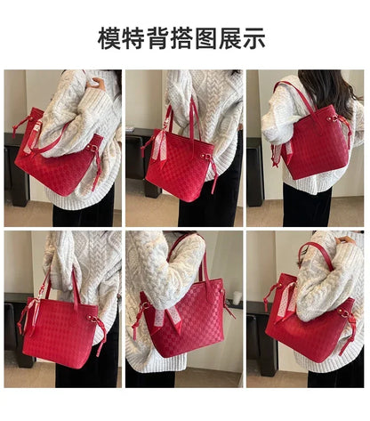 PU 2024 New Women's Bag Fashion Trend Shoulder Bag Leisure Commuter Handbag Minimalist Versatile Design Red Large Capacity