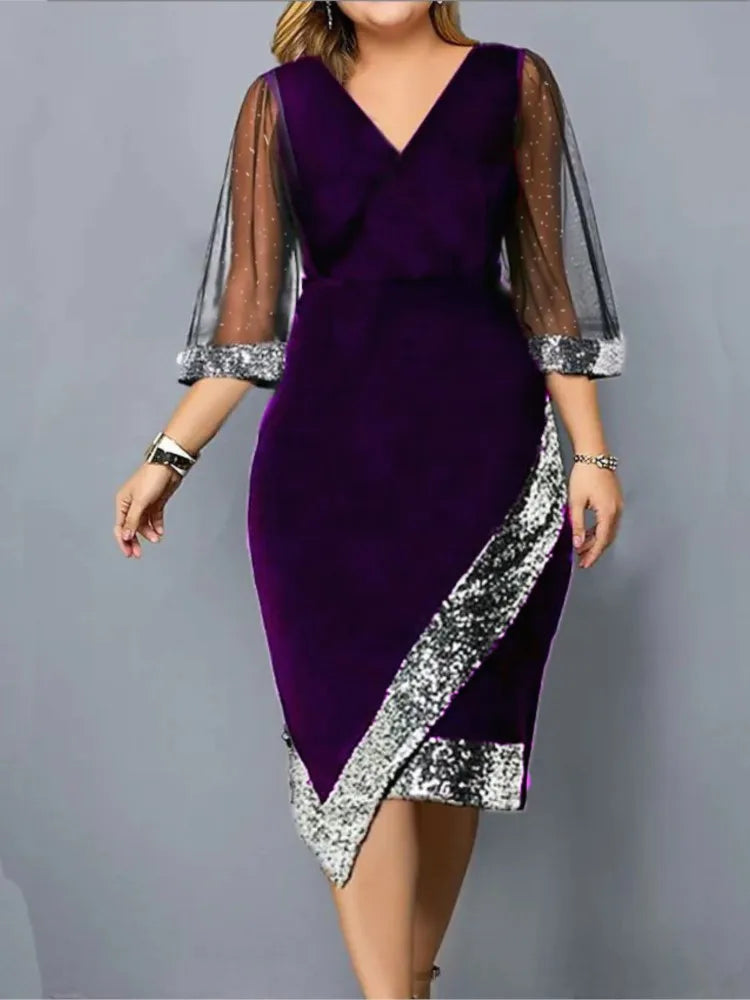 Spring Summer Women's Clothing New Fashion Gold Velvet Irregular Sequin See Through Mesh Women's Five Quarter Sleeve Dress