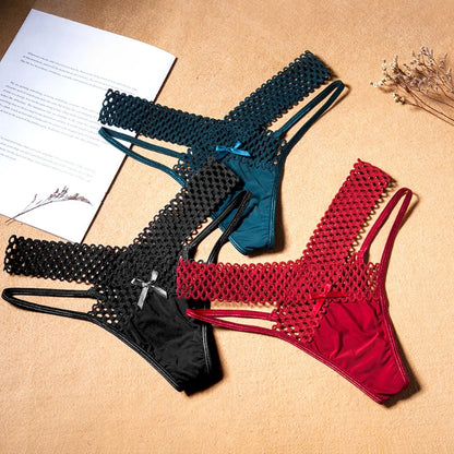 2024 Women's Panties Cross Cut Ice Silk Thong Sports Fashion Perspective Low Waist Ribbons Трусы Женские Sexy Lingerie Thongs