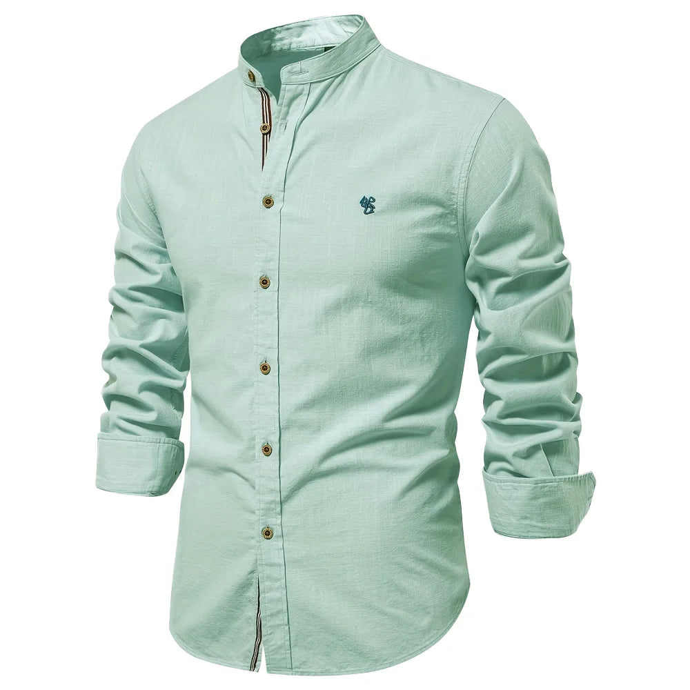 Spring and Summer New Fashion Business Shirt Men's Cotton and Linen Casual Day Fashion Solid Color Long-sleeved Shirt