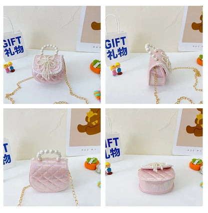 Sweet Cute Bow Children's Shoulder Bag Pearl Handle Baby Girls Small Crossbody Bags Lovely Princess Accessories Purse Handbags