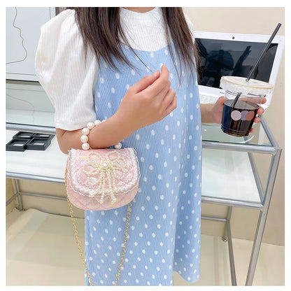 Sweet Cute Bow Children's Shoulder Bag Pearl Handle Baby Girls Small Crossbody Bags Lovely Princess Accessories Purse Handbags