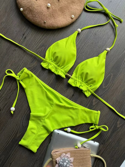 2024 sexy women bikini, brazilian triangle bikini, push-up swimsuit, metal chain beach bikini