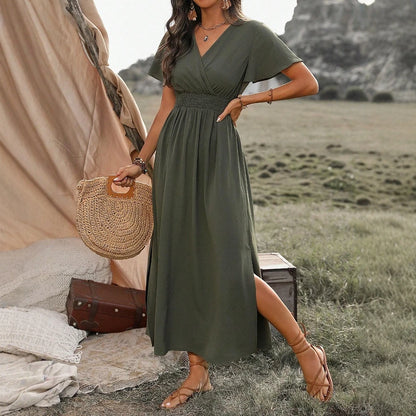 Mia Muse Women's Dresses Summer Fashion 2025 Plain Side Slit Nipped Waists Short Sleeve V-Neck A Line Midi Vacation Dresses