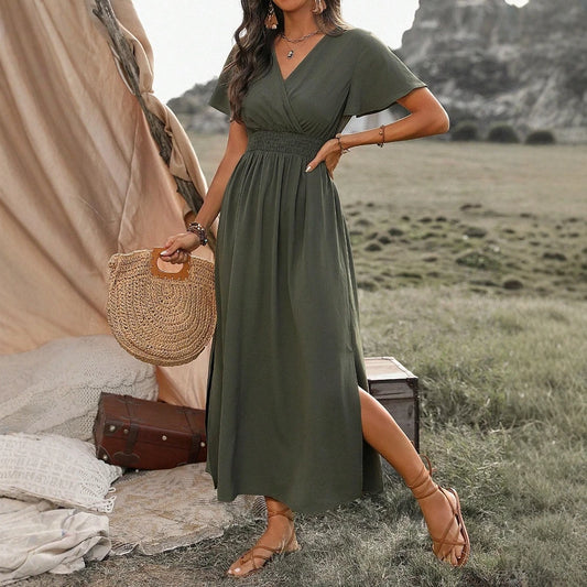 Mia Muse Women's Dresses Summer Fashion 2025 Plain Side Slit Nipped Waists Short Sleeve V-Neck A Line Midi Vacation Dresses