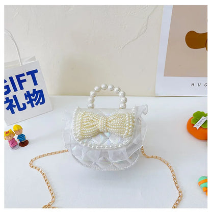 Sweet Cute Bow Children's Shoulder Bag Pearl Handle Baby Girls Small Crossbody Bags Lovely Princess Accessories Purse Handbags