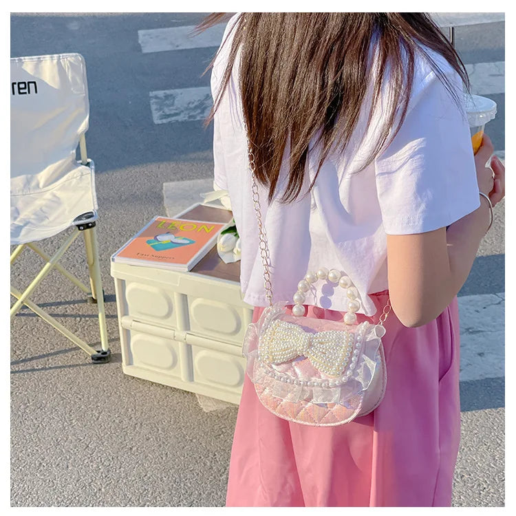 Sweet Cute Bow Children's Shoulder Bag Pearl Handle Baby Girls Small Crossbody Bags Lovely Princess Accessories Purse Handbags