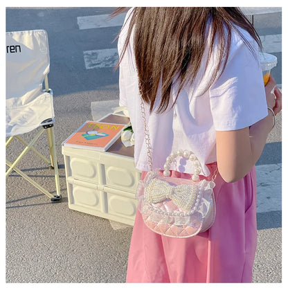 Sweet Cute Bow Children's Shoulder Bag Pearl Handle Baby Girls Small Crossbody Bags Lovely Princess Accessories Purse Handbags