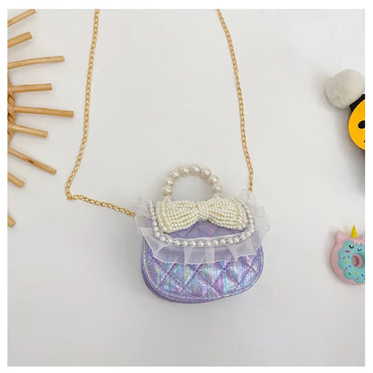 Sweet Cute Bow Children's Shoulder Bag Pearl Handle Baby Girls Small Crossbody Bags Lovely Princess Accessories Purse Handbags