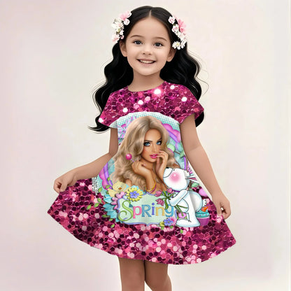 3D Printing Glisten Summer Barbie I Am Kenough Princess Dress Girls Women Short Sleeve Costume Party Dresses Children Clothes