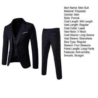 Men Three-piece Suit Men's Formal Business Style Slim Fit Wedding Suit Set with Silky Smooth Anti-wrinkle Fabric Turn-down