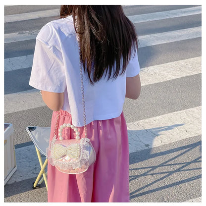 Sweet Cute Bow Children's Shoulder Bag Pearl Handle Baby Girls Small Crossbody Bags Lovely Princess Accessories Purse Handbags