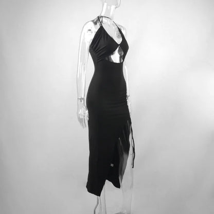 Summer Black Sexy Dress For Women Sleeveless Backless Hollow Out Party Dress Fashion Lace-up Halter Bodycon Elegant Split Dress