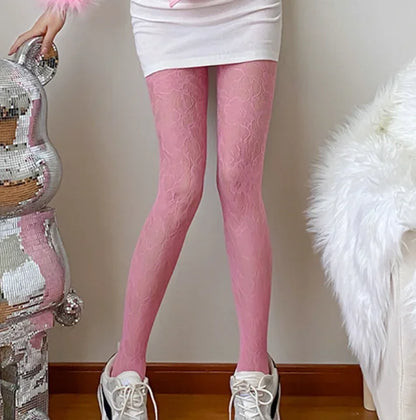 Collant sexy da donna con motivo floreale traforato in stile Y2k, a rete, in rosso vino, per ragazze hot, JK, leggings elasticizzati alti a vita bassa